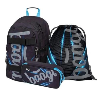 Abbildung von Baagl Schulrucksack Set Jungen Mädchen 3 Teilig, Schultasche ab 3. Klasse, Grundschule Ranzen mit Brustgurt, Ergonomischer Schulranzen (Skate Bluelight)
