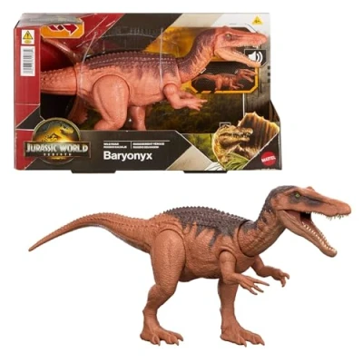 Abbildung von Mattel Jurassic World: Die Wiedergeburt Wild Roar Baryonyx Dinosaurierspielzeug mit steuerbarem Beiß Angriff in mehrere Richtungen und Brüllgeräusch, digitale Spielmöglichkeiten, JGC79