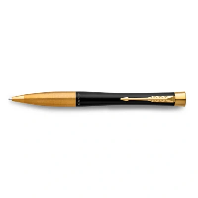 Abbildung von Parker Urban Twist Kugelschreiber Mattschwarz mit goldenen Zierteilen Nachfüllpatrone blauer Tinte Geschenkbox