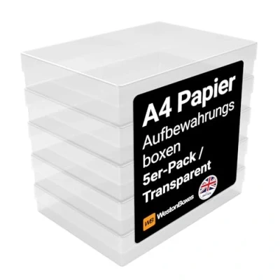 Abbildung von WestonBoxes A4 Aufbewahrungsboxen aus mit Deckeln Organisieren Sie Ihre kreativen Aktivitäten, Ihr Büro oder Klassenzimmer! Für Bastelbedarf, Papier und Karten 3,6 Liter Volumen (5er Pack)