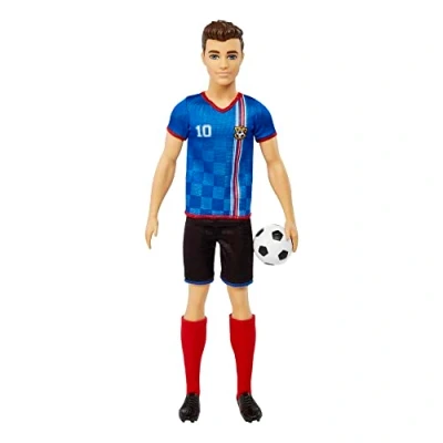 Abbildung von Barbie You Can Be Anything Serie, Ken Fußballspieler Puppe, Puppe mit braunen Haaren, blaues Trikot, Fußball, 1x Geschenk für Kinder, Spielzeug ab 3 Jahre,HCN15