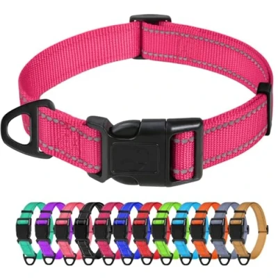 Abbildung von TagME Nylon Hundehalsband, Verstellbares Reflektierendes Hundehalsband mit Sicherheitsschnalle für Kleiner Hund, Hot Pink, 1.5cm Breite