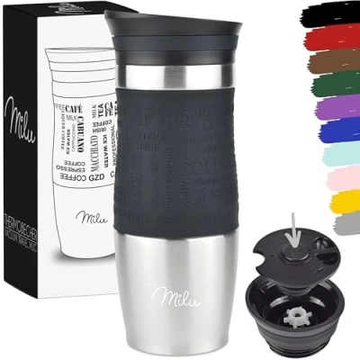 Abbildung von Milu Edelstahl Thermobecher to go 370ml, 450ml 100% Auslaufsicher Trinkbecher Autobecher doppelwand Isolierung Isolierbecher Kaffeebecher Travel Mug (Schwarz, 370 ml)