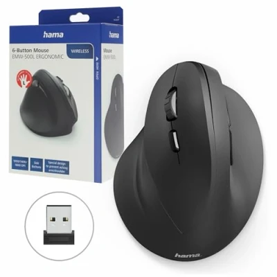 Abbildung von Hama kabellose Maus für Linkshänder ergonomisch EMW 500L (Wireless Funkmaus vertikal, links, 6 Tasten ohne Kabel mit optischem Sensor 1000/1400/1800 dpi), schwarz
