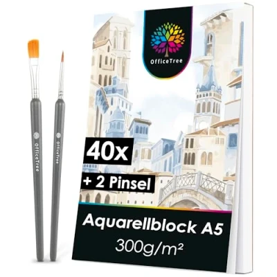 Abbildung von OfficeTree 40x Aquarellpapier A5 300g Aquarellblock Zeichenblock Aquarell Papier Malblock Aquarellfarben Watercolor Paper Block inklusive 2 Pinsel