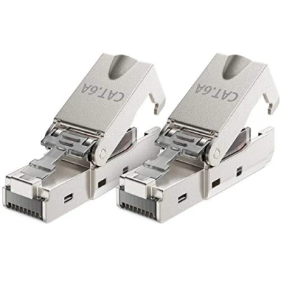 Abbildung von deleyCON 2x CAT 6a Werkzeugloser RJ45 Netzwerkstecker mit LSA Anschluss für Starre Verlegekabel Geschirmt 10 Gbit/s LAN Kabel Netzwerkkabel Stecker CAT6a Metallgehäuse