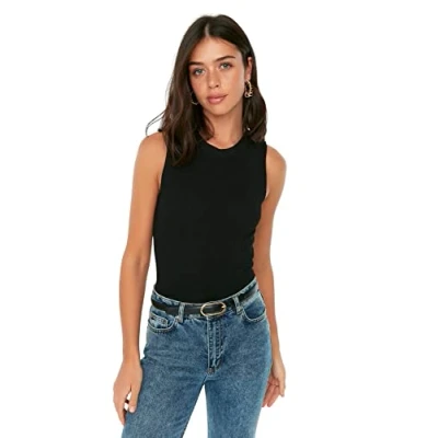 Abbildung von Trendyol Damen Women Crew Neck Knitwear Blouse Slim Fit Basic Strickbluse mit Rundhalsausschnitt, Black, XS