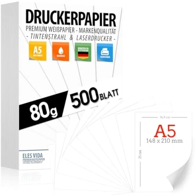 Abbildung von Druckerpapier 80g weiß DIN A5 500 Blatt PREMIUM PAPIER Reinweiß Kopierpapier, Laserdrucker &amp; Tintenstrahl für Uni, Fotografie, Präsentationen Ideal Büro Office MADE IN GERMANY