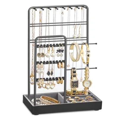 Abbildung von SONGMICS Schmuckständer, Schmuckhalter, Metallrahmen, Schmucktablett Samt, Schmuckaufbewahrung für Halsketten Armbänder Ohrringe Ohrstecker Ringe, Geschenkidee, Weihnachten, schwarz JJS021B01