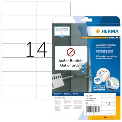 Abbildung von HERMA 5081 Universal Etiketten ablösbar, 25 Blatt, 105 x 42,3 mm, 14 pro A4 Bogen, 350 Stück, selbstklebend, bedruckbar, matt, blanko Papier Klebeetiketten Aufkleber, weiß