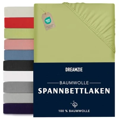 Abbildung von Dreamzie Spannbettlaken 90x190/200cm Baumwolle Oeko Tex Zertifiziert Grün 100% Jersey Spannbetttuch 90x190/200