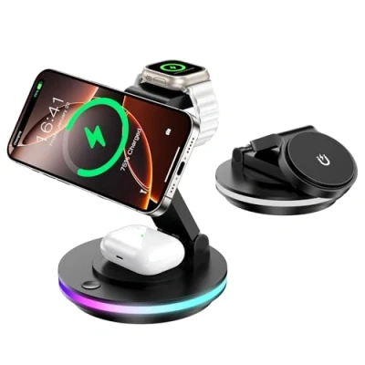 Abbildung von Mag Safe Ladegerät, 3 in 1 Ladestation für Apple Watch und iPhone, faltbar, drehbar mit Lichteinstellung, Wireless Charger Ladeständer iPhone 16/15/14,AirPods (Ohne Adapter) Schwarz