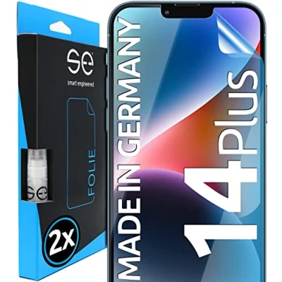Abbildung von 2x Schutzfolie für iPhone 14 Plus aus Deutschland 100% Passgenau mit Installationshilfe, kompatibel Folie Schutz Glas Anti Kratzer 9H Härte HD Klar