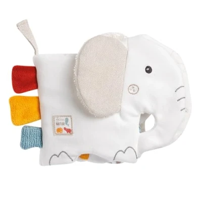 Abbildung von Fehn Soft Bilderbuch Elefant Fühlbuch mit Bio Baumwolle Stoff Tier Motiven Stoffbuch Spielzeug zum Aufhängen für Kinderwagen und Babyschale Knisterbuch Babys Kinder ab 0 Monaten