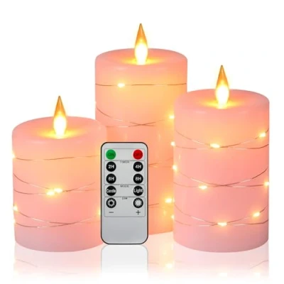 Abbildung von LED Kerzen mit Lichterkette, 3 Batteriekerzen 11 Tasten Fernbedienung, 24 Stunden Timer Funktion, tanzende Flamme, echtes Wachs (rosa).