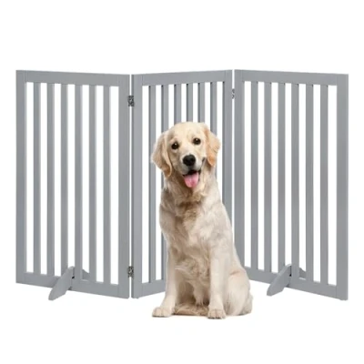 Abbildung von unipaws Absperrgitter, freistehendes Schutzgitter mit Füßen, Treppenschutzgitter ohne Bohren, Holz Hundetore Türgitter Hunde Hundegitter treppe, Grau (3 Elemente, 91 cm hoch)