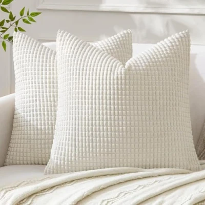 Abbildung von MIULEE 2er Set Kordsamt Soft Solid Dekorative Quadrat Wurf Kissenbezüge Kissen Fall für Sofa Schlafzimmer 18 x inch 45 cm, Weiß
