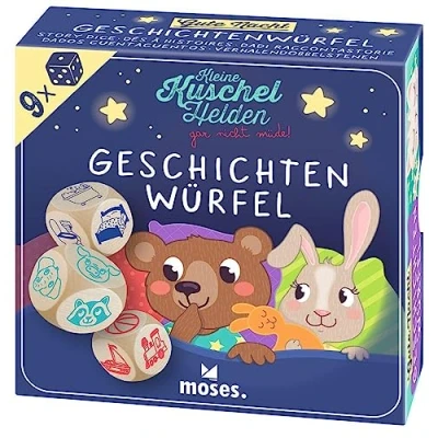 Abbildung von moses. 38177 Geschichtenwürfel Kuschelhelden, 9 süße Erzählwürfel für Kinder, kreatives Würfelspiel Gute Nacht Geschichten mit extra großen Holzwürfeln, Kinderspiel 1 6 Spieler ab 4 Jahren