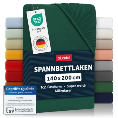 Abbildung von Blumtal® Spannbettlaken 140x200 cm Bettlaken aus Microfaser Oekotex zertifiziertes Spannbetttuch / Leintuch Bettspanntuch Dunkelgrün