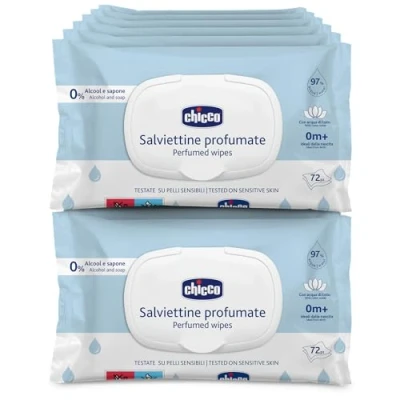Abbildung von Chicco Neugeborenen Baby Mehrzweck Reinigungstücher mit Plaquette, alkoholfrei, parfümiert, für empfindliche Haut geeignet, Multipack 864 Tüchern, 12 Packungen 72 Tüchern