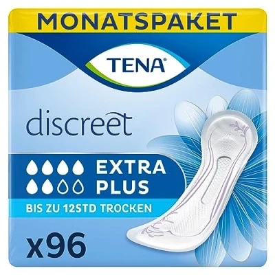 Abbildung von TENA Discreet Extra Plus 96 Einlagen im Monatspaket (6 x 16 Stück), einzeln verpackt Hygieneeinlagen für Frauen bei mittlerer Blasenschwäche und Inkontinenz