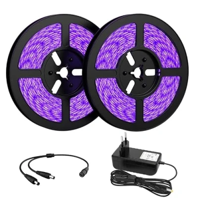 Abbildung von Onforu 10M Schwarzlicht Streifen, UV LED Strip mit Netzteil, 12 V Flexibel 600 LEDs Band, Selbstklebend 2835 Lichtleiste Lampe, Lichtband Black Light für Party, Bar, Neonfarben, Club, Disco, Deko