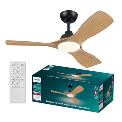 Abbildung von Philips Olas Deckenventilator, 3 Flügel, 107cm ⌀, 24 W LED Licht, Gleichstrommotor, Farbtemperaturbereich (3000K 4300K 6500K), dimmbar, Fernbedienung inkl., schwarz Holz