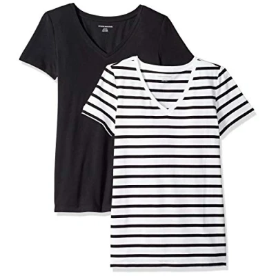 Abbildung von Amazon Essentials Damen Kurzärmeliges T Shirt mit V Ausschnitt, Klassischer Schnitt, 2er Pack, Schwarz/Weiß Streifen, S