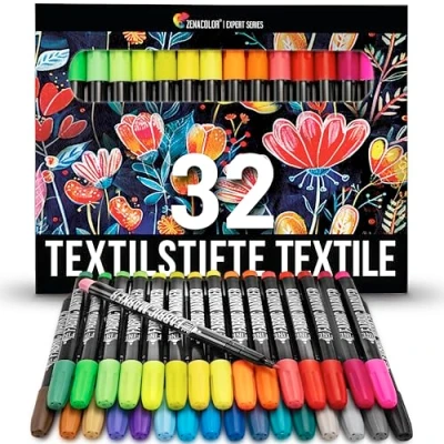 Abbildung von Zenacolor 32 Textilstifte Waschmaschinenfest Textilfarbe Ungiftig, Waschfeste und Permanente Stoff Marker ideal Für T Shirts, Stofftaschen Kinder Erwachsene