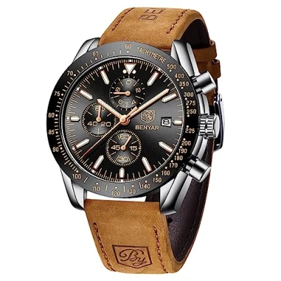 Abbildung von BENYAR Uhren Herren Analog Quarz Chronograph Herrenuhren 30M Wasserdicht Leuchtende Datum Braun Lederband Armbanduhr Lässig Business Kleid Elegantes Geschenk fur Männer