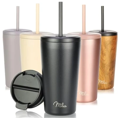 Abbildung von Milu Thermobecher 500ml 100% Auslaufsicher Edelstahl Kaffeebecher to go isoliert mit Strohhalm hält 10h heiß / 20h kalt, BPA frei (Schwarz, 500ml)
