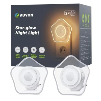 Abbildung von AUVON Sun glow Nachtlicht Steckdose mit Bewegungssensor, 2 Stück Warmweißes LED 1 50 lm, Helligkeit Einstellbar für Kinderzimmer, Schlafzimmer, Gang, Küche (Stern)
