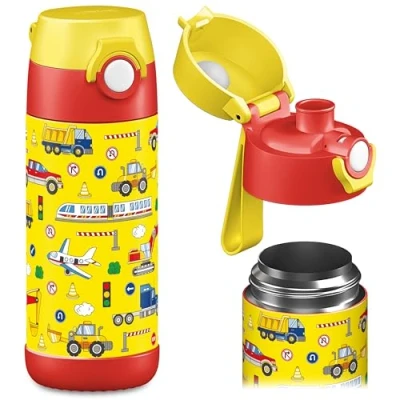 Abbildung von JARLSON® Trinkflasche Kinder &quot;MALI&quot; Thermo Edelstahl Wasserflasche BPA frei auslaufsicher Kinderflasche mit Chug Deckel Flasche für Schule, Kindergarten 350ml (Fahrzeuge, 350 ml)