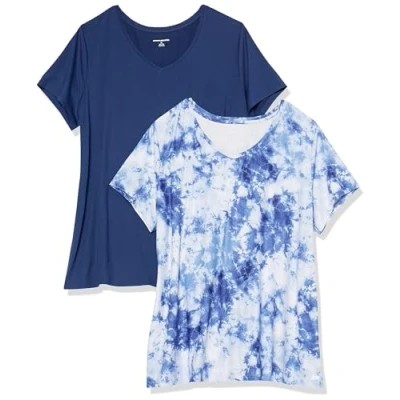 Abbildung von Amazon Essentials Damen Tech Stretch T Shirt mit kurzen Ärmeln und V Ausschnitt (erhältlich in Übergröße), 2er Pack, Marineblau/Weiß Batik, M