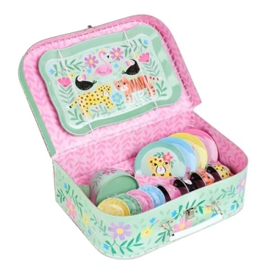 Abbildung von Jewelkeeper Teeservice für Kinder Safari Design Teeservice, 15 teiliges Kindergeschirr Spielküche und Kaffeekränzchen Robuste Zinn Konstruktion mit Tragetasche