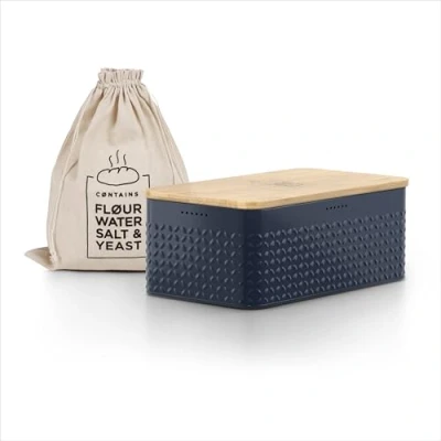 Abbildung von LARS NYSØM Brotkasten I Brotbox aus Metall mit Brotsack Leinen für langanhaltende Frische Brotdose hochwertigem Bambusdeckel verwendbar als Schneidebrett 34x18,5x13,5cm (Midnight Blue)