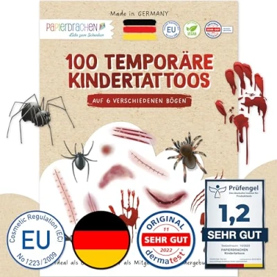 Abbildung von Papierdrachen 100 Tattoos zum Aufkleben aus Deutschland Klebetattoos zu Halloween mit Narben, Blut, Wunden, Kratzern und Spinnen für das Halloweenkostüm vegan Set 18
