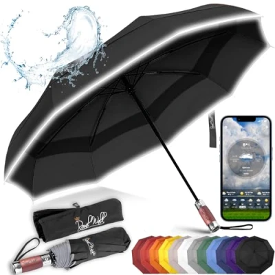 Abbildung von Royal Walk Regenschirm Taschenschirm Sturmfest Automatik Auf und Zu Winddichter Doppelverdeck Klein Stabil Schirm Reflektierend mit Luxuriösem Echtholzgriff für Damen Herren Umbrella