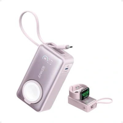 Abbildung von Anker MagGo Powerbank für Apple Watch, offiziell Zertifiziert, 10.000mAh kompaktes Akkupack mit integriertem USB C Kabel, 35W Max., iPhone 15 Serie, Samsung, iPad, AirPods und mehr