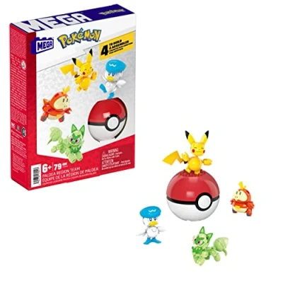 Abbildung von MEGA POKÉMON Paldea Region Pikachu und die ersten Partner Pokémon Felori, Krokel Kwaks, Zusammenbaubares bewegliches Set mit 4 Figuren 1 Pokéball zum Ausstellen, HPX92