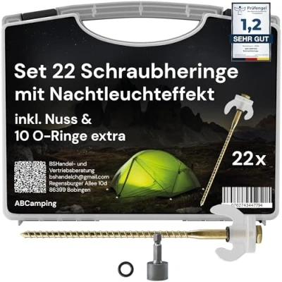 Abbildung von ABCamping Schraubheringe Set [22 Stück] Stahl Heringe für weiche bis Harte Böden Zeltschrauben mit Leuchteffekt, ideal Camping inkl. Transportbox, 10x O Ringe &amp; Bit Akkuschrauber