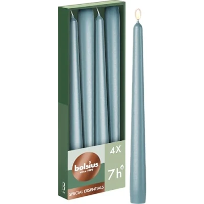 Abbildung von Bolsius Glatte Spitzkerzen Metallic Blau Set 4 Stück im Karton 24,5 cm Dekorative Haushaltkerzen Brenndauer 7 Stunden Unparfümierte Natürliches Pflanzenwachs Ohne Palmöl