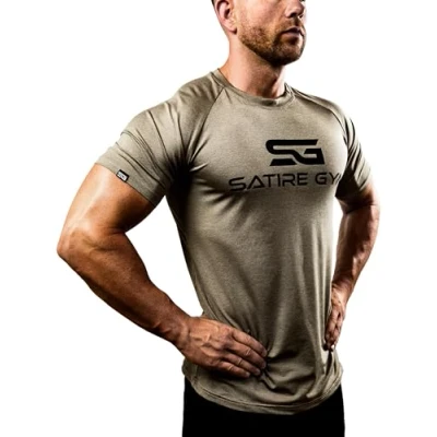 Abbildung von Satire Gym® Fitness Slim Fit T Shirt Herren Funktionelles &amp; schnell trocknendes Sportshirt Kurzarm als Bodybuilding Workout Gym (L, schwarz meliert)