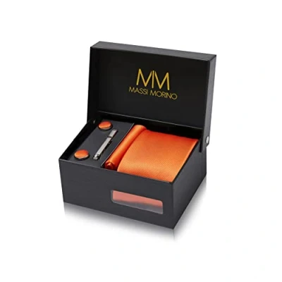 Abbildung von Massi Morino Krawatte Orange mit Einstecktuch Set Herren inkl. Manschettenknöpfe, Krawattennadel und Geschenkbox Männer Krawattenset