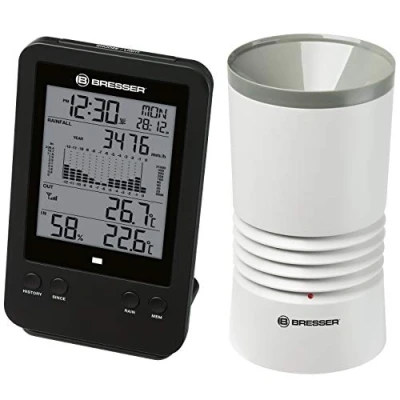 Abbildung von Bresser Wetterstation Funk mit Außensensor Profi Regenmesser Station DCF Funkuhr, Wecker Hintergrundlicht und Datenspeicherung von Tiefst Höchstwerten 20x11x11 cm
