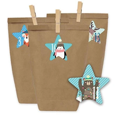 Abbildung von Papierdrachen Adventskalender zum Befüllen 24 Geschenktüten und Zahlenaufkleber Klammern Motiv Blaue Weihnachtstiere Basteln Weihnachten Mini Set Nr 39