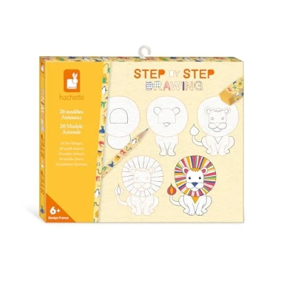 Abbildung von Janod Step by Drawing Zeichnen lernen 20 Tier Modelle Zeichenset für Kinder Zeichen und Konzentrationsförderung Ab 6 Jahren J09155, weiß schwarz