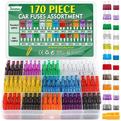 Abbildung von 170Pcs Auto Sicherungen Set, Bolatus 60 Standard Kfz + 110 Mini Flachsicherungen Sicherungszieher für PKW Wohnmobil LKW Motorrad (2A 3A 5A 7.5A 10A 15A 20A 25A 30A 35A 40A)