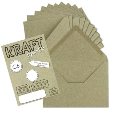 Abbildung von 100x Kraftpapier Umschläge DIN C6 Grau/Grün 11,4 x 16,2 cm ohne Fenster Vintage Briefumschläge mit Nassklebung Spitzklappe NEUSER PAPIER