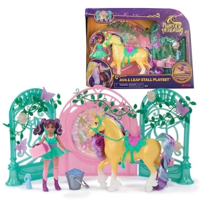 Abbildung von Unicorn Academy Ava &amp; Einhorn Leaf Stall Spielset mit Farbwechseleffekt ca. 12 cm große Originalfiguren zur beliebten Netflix Serie 15 Accessoires, für Kinder ab 4 Jahren